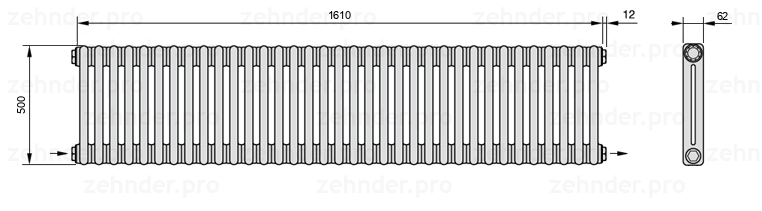 Схема (чертеж) Радиатор Zehnder Charleston 2050/35 №2670 Белый глянцевый RAL 9016